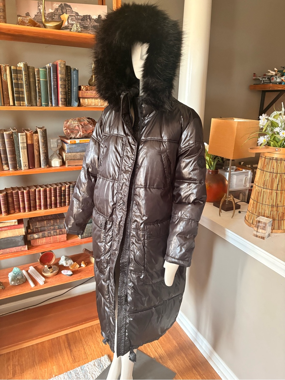 DKNY Black Long Quilted Puffer Coat with Faux-Fur Hood